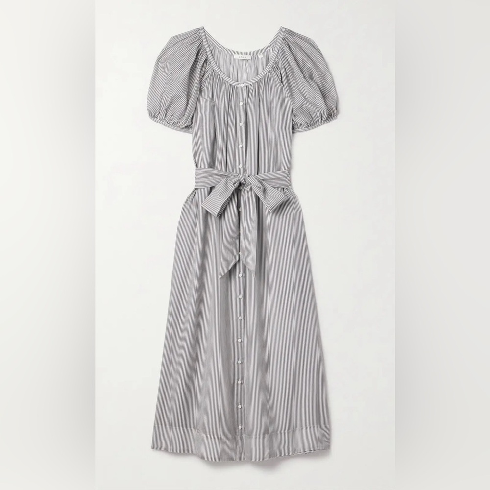 DÔEN Juno Belted Striped Brighton Midi Dress, Puff Sleeve, Cottagecore, Belt, XS